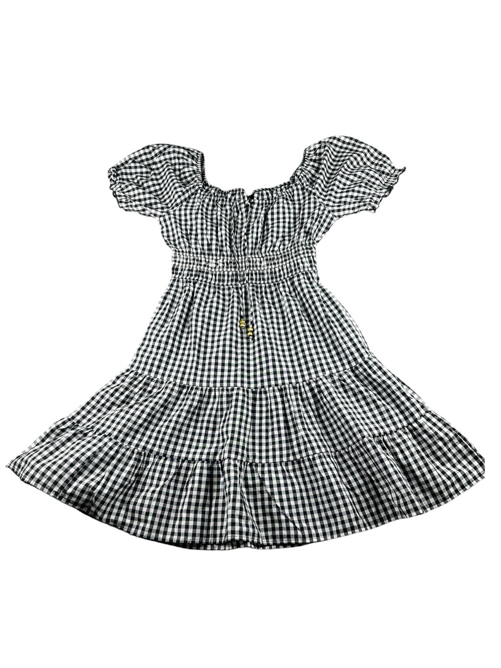 Black & White Gingham Peasant Dress Sz M Picnic Aesthetic Smocked Waist